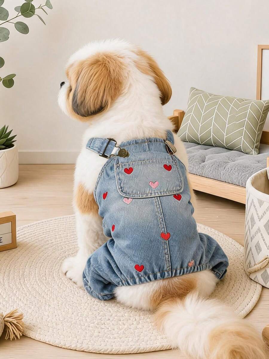 PETCIRCLE 1件寵物衣服 小狗幼犬貓咪可愛寵物無袖復古口袋連身褲 全心圖案吊帶褲 - 彩色 - 查看 1