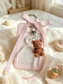 Card Holder With Sliding Mesh Shoulder Strap And Faux Pearl Pendant, Decorated With Cute Brown Bear Charm, Detachable And Erasable Sliding Cover, Student Campus Card/Meal Card Protector, With Pearl Bow Keychain, Durable Transparent Card Holder With ID Window And Card Slot, Campus Card, ID Card, Transit Card Holder, DIY Keychain Charm, Bank Card Holder, Birthday Gift, Holiday Souvenir, Back To School Gift, Graduation Gift, Travel Essential - Multicolor - View 3