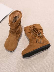 Girls' Mid-Calf Fashion Ruched Boots, Student Boots - Brown - View 3