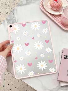 1件粉色愛心雛菊平板保護殼，相容 iPad Mini6/7/Air/Air2/9.7/10.2/10.5/10.9 (Air4-Air8)/Pro 11/10th Gen/A16/Pro 11 2024，彩繪圖案平板殼，高透明壓克力背板材質，粉色邊框透明殼，單殼，無筆槽 - 彩色 - 查看 1