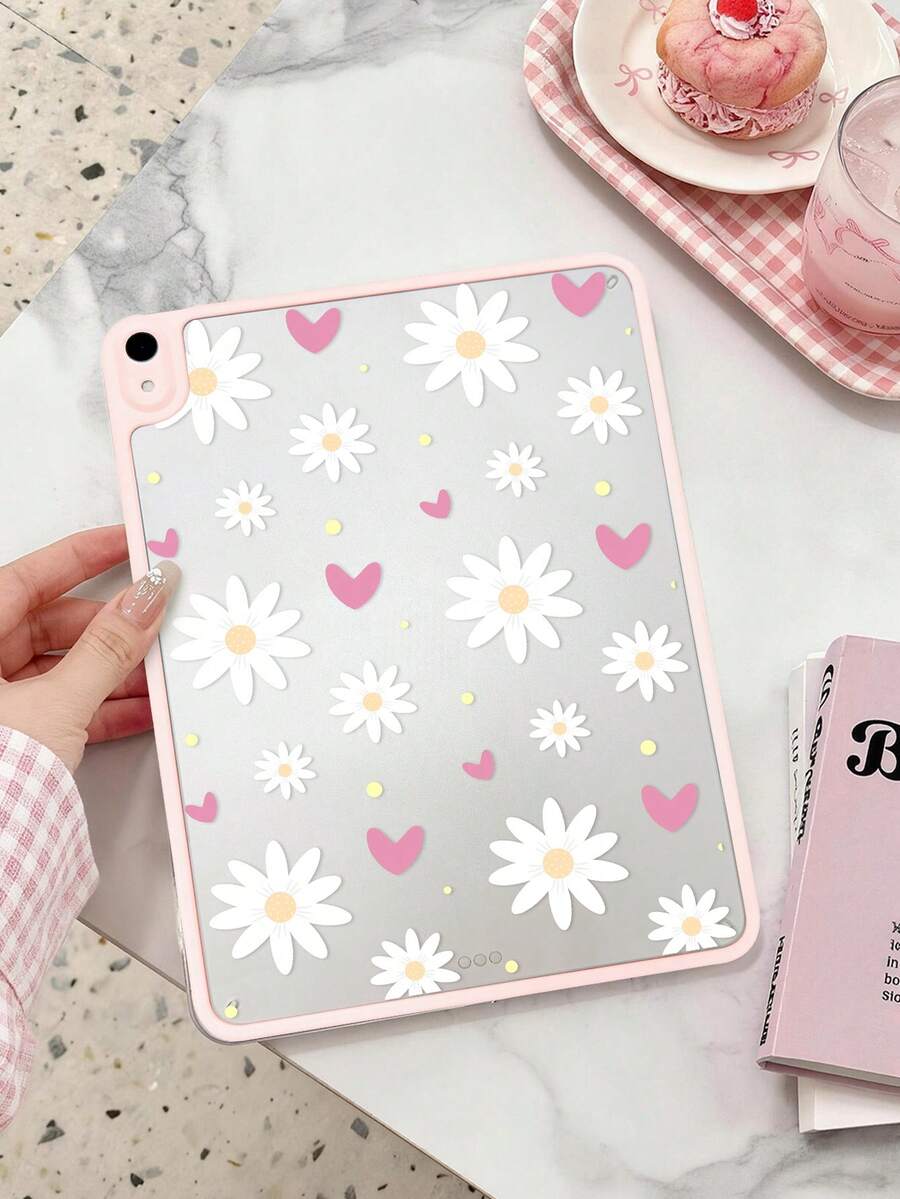 1件粉色愛心雛菊平板保護殼,相容 iPad Mini6/7/Air/Air2/9.7/10.2/10.5/10.9 (Air4-Air8)/Pro 11/10th Gen/A16/Pro 11 2024,彩繪圖案平板殼,高透明壓克力背板材質,粉色邊框透明殼,單殼,無筆槽 - 彩色 - 查看 1