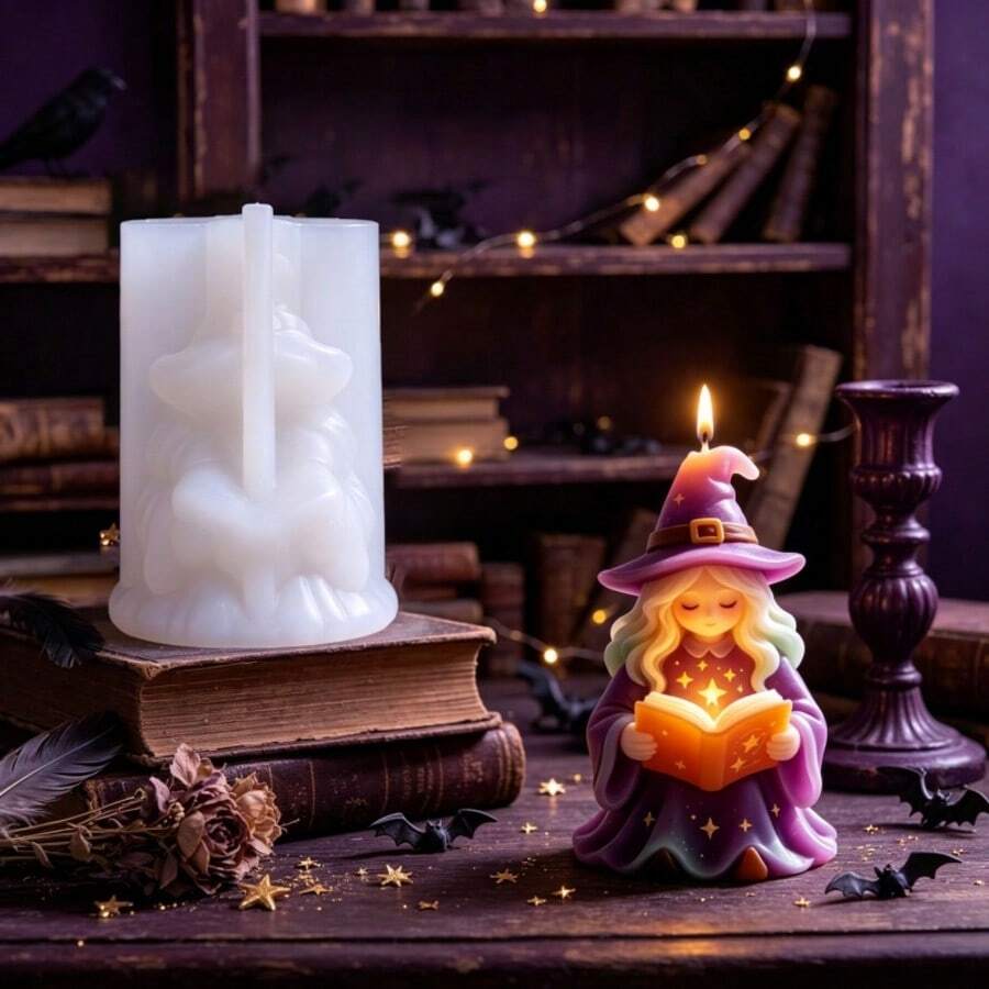 Chibi Magic Witch Reading Style Silicone Mold, Cute Magic Witch Shaped Aromatherapy Candle Mold, Suitable For Handmade Soap/Candle/Clay/Resin Plaster Crafts DIY, Gothic Magic Theme Home Decor Craft Supplies, Halloween Party Gift - A - View 1