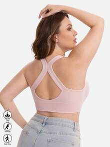 1pc Women's Plus Size Solid Color Front Zipper Sports Bra, Removable Padding Fitness Yoga Backless Tank Top - Baby Pink - View 2