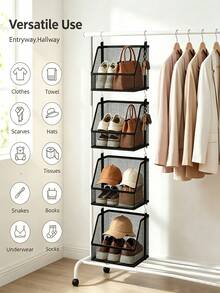 Hanging Storage Basket, Stackable Hanging Storage Baskets, Black Woven Mesh Organizer, Multi-Functional S-Hook, Suitable For Dorm, Bedroom, Closet | Space-Saving Hanging Clothes & Bedding Organizer | With Stable Hanging Device | All-Season Closet Essential | Back To School Season - Multicolor - View 5