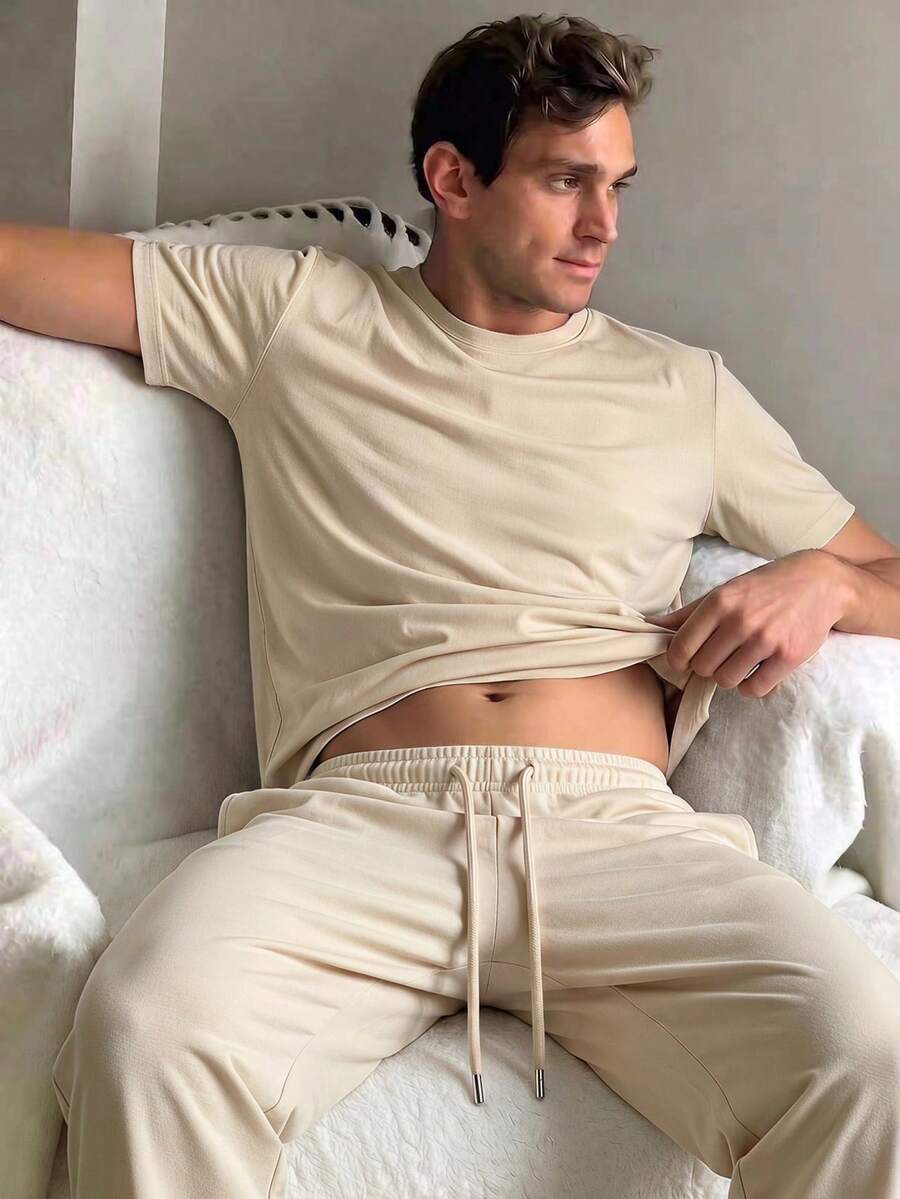 Men's Summer Crew Neck Casual T-Shirt And Casual Long Pants Loungewear Set - Apricot - View 1
