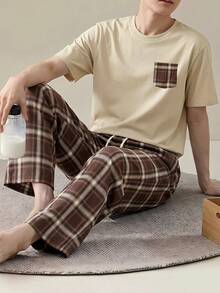 Men's Summer Crew Neck Casual T-Shirt And Casual Long Pants Loungewear Set - Apricot - View 2