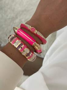 French Vintage Color-Block Drip Glaze Snap Bracelet, Gold-Trimmed Enamel Open Cuff, Luxury Layering Jewelry, High-End Color-Block Enamel C-Shaped Bangle - Multicolor - View 5