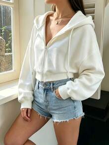 Women's Loose Fit Open Front Hooded Sweatshirt, Thermal Lined Pullover, Autumn Fashion Outfit, Winter Clothing - White - View 4