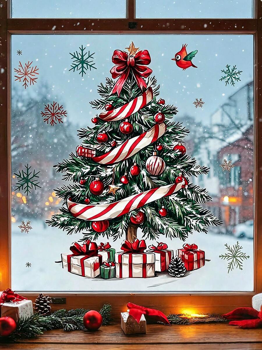 1pc Christmas Tree Ball Bow Gift Window Post Kitchen Post Creative DIY Self-Adhesive Can Remove Double-Sided Visible PVC Glass Post, Living Room Bedroom Dining Room Study Bathroom Window Glass Decoration Post. - Multi-color - View 1