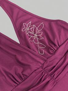 Women's Vintage Fairy Style Deep Purple Halter Top, Grunge Aesthetic Halter Tank Top With Sparkling Rhinestones - Red Violet - View 3