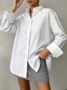 Women's Plus Size White Button-Down Shirt, Turn-Down Collar, Long Sleeve With Rolled Cuffs, Loose Fit, Casual Commute Basic Daily Top - White - View 1