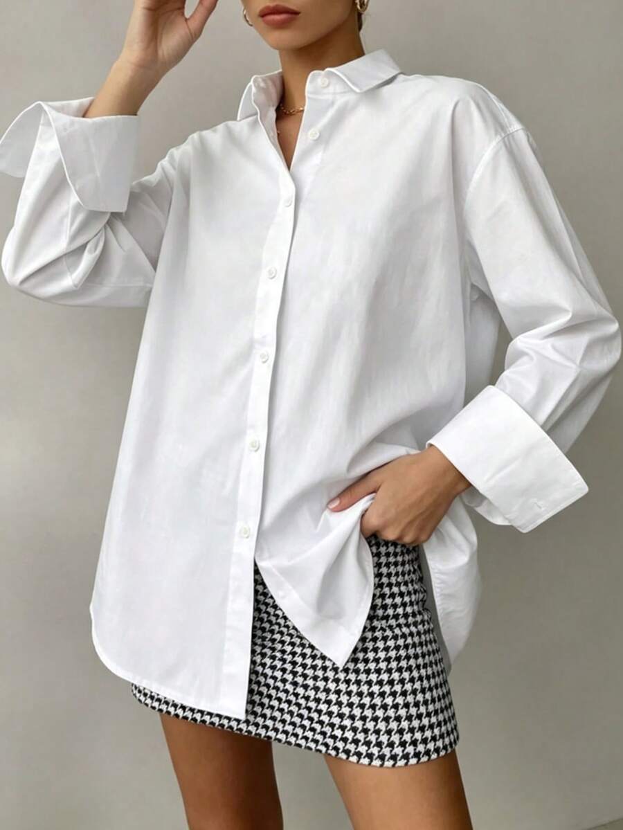 Women's Plus Size White Button-Down Shirt, Turn-Down Collar, Long Sleeve With Rolled Cuffs, Loose Fit, Casual Commute Basic Daily Top - White - View 1