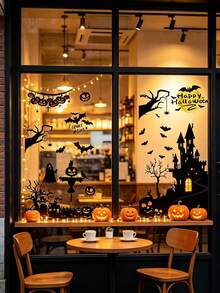 New Halloween Black Castle, Bat, Pumpkin Window Glass Static Cling Stickers Scene Decor, Halloween Party, Store Window Decoration - Sticker - View 3