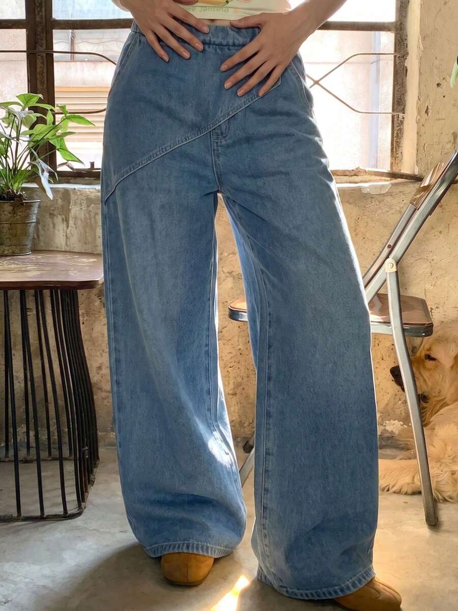 1pc Girls Spring/Autumn Denim Jeans, Asymmetrical Rolled Waistband Single Button Design Loose Wide Leg Denim Pants - Medium Wash - View 1