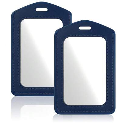 2 piezas Portacredencial de cuero - Funda vertical de doble cara transparente para tarjeta de identificación para oficina/escuela/empleado (Azul marino)