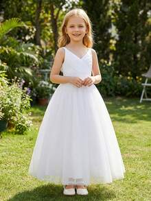 Flower Girls Spaghetti Strap Tulle Dress Long A Line Wedding Pageant Dresses Princess Birthday Party Ball Gown Bridesmaid Dresses White - 白色 - 查看 4