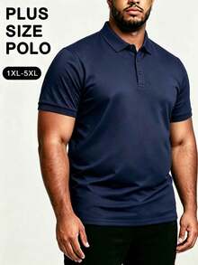Men's Plus Size Solid Color Short Sleeve Polo Shirt, Half-Placket Collar, Breathable Loose Fit Business Casual Golf T-Shirt, Suitable For Plus Size Tall Men - Navy Blue - View 2