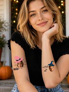 12-300pcs Custom Photo Temporary Tattoo, Personalized Halloween Portrait Fake Tattoo, Spooky Witch Spider Web Style, Customized Face Tattoo Sticker, Customizable Picture Design, Halloween Party Favor, Costume Party Accessory, Unique Holiday Gift - Rust - View 7