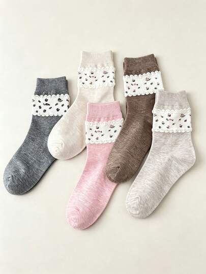 2/5 Pairs Korean Ins Style Fresh Ditsy Floral Women's Socks, Simple Versatile Bubble Cuff Mid-Calf Socks, Slouch Socks, Casual Socks