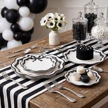 10/20/40pcs Black Bow Wavy Edge Disposable Paper Plates, Coquette Style Wavy Dinner Plates, White Background With Black Ribbon Bow Print, 7-Inch And 9-Inch Party Plates, Suitable For Birthday Parties, Bridal Showers, Baby Showers, Tea Parties, Picnics And Girls Gatherings - Black - View 3