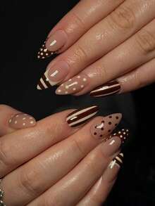 Autumn/Winter Nails, 24pcs/Set Almond Shape French Polka Dot Zebra Stripe Press-On Short Nails Wearable Set Suitable For Hot Girls, Office Women, Parties, Dates And Daily Wear And Party Use - Multicolor - View 1