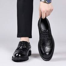 Men's Formal Brogue Lace-Up Thick Sole Derby Shoes, British Style Business Casual Versatile Commuter Shoes - Black - View 8