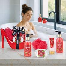 Cosmetics Luxus Cranberry Beautyset - 6-teiliges Bade- und Dusch Set - Geschenkset in Keramik Stiletto Rot - Schwarz - Übersicht 11