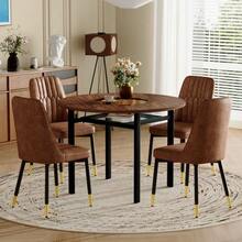 Modern Minimalist Round Dining Table Set (With 4 Brown Tech-Fabric Chairs With Black Metal Legs), Round Table With 100 Cm Diameter In Wood Look, Suitable For Dining Room And Kitchen. - Brown+Black - View 3