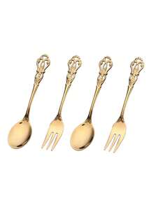 QBSSS 4pcs Flower Relief Dinnerware Set, European Retro Style Hollow Flatware For Dining School Supplies,Christmas Gift - Gold - View 7