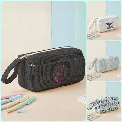 1pc Random Pattern Corduroy Foldable Pencil Case With Side Pocket & Handle, Multi-Use Bag For Start Of School & Travel Essentials,School Supplies