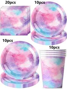 10 piezas de suministros para fiesta con tema de cielo estrellado de neón, platos arcoíris, vasos de papel, suministros para fiesta de cumpleaños, artículos esenciales para camping y viajes - Multicolor - Ver 10