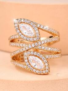 1 Stylish Double-Layer Interlaced Openwork Full-Set Cubic Zirconia Double-Centerstone Design Women's Ring - A Glamorous Evening Ring For Women - Yellow Gold - View 2