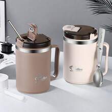 1個 500/550ml 304不鏽鋼咖啡杯，附茶濾網與折疊湯匙，雙層保溫咖啡杯，含手把與蓋子，密封奶茶咖啡水杯，防燙飲水杯，適合學生與成人居家、學校、辦公室使用 - 彩色 - 查看 5