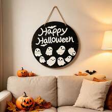 1 Peça Placa de Porta Redonda Preta "Feliz Halloween" de Madeira com Fantasma Pendurado - Decorada com Padrões Fofos de Fantasma e Morcego; Adequada para Decorar Porta da Frente ou Parede para Criar Atmosfera Festiva, Decoração Divertida para Festa em Casa e Varanda - multicolorido - Visão 5