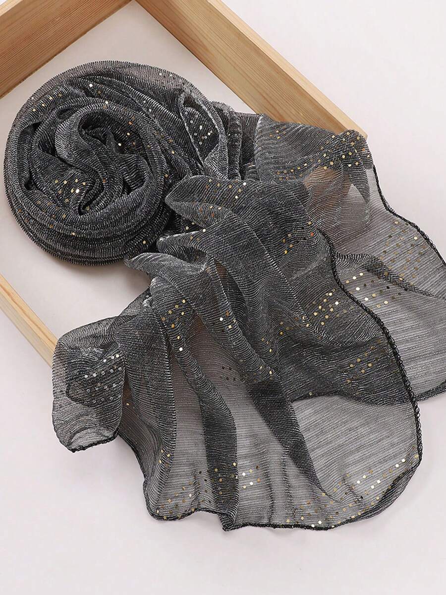 1件女款輕量純色亮片絲綢方巾頭巾 中東風裝飾圍巾 防曬沙灘披肩 適合日常使用 - S47069-深灰色 - 查看 1