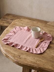 1pc Light Pink Solid Color Ruffle Edge Placemat, Soft And Fresh Style, Fabric Material, Square Shape With Ruffle Edge Detail, Stain-Resistant Protection For Tabletop And Decorative Enhancement, Suitable For Daily Home And Cozy Dining Table Setting - Pink - View 9