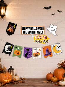 Custom Halloween Banner Set, Spooky Personalized Family Name Party Backdrop, Pumpkin Ghost Bunting, Customized Name Wall Decor, Customizable Garland For Home Party, Fall Holiday Gift, Halloween Decorations, Garden, Living Room, Family And Friends - Style a - View 1
