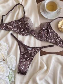 Women's Brown Satin Floral Lace Lingerie Set - Bra & Thong 2-Piece - Brown - View 4