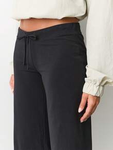 Women Drawstring Waist Culotte Pants Casual Loose Wide Leg Cropped Trousers - Black - View 2