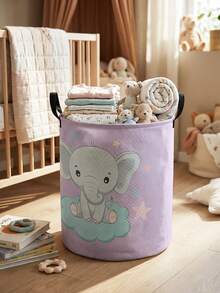 1pc Cute Elephant Pattern Foldable Large Capacity Round Storage Basket With Handle, Versatile Storage Bin For Nursery, Baby Supplies Organizer, Diaper Storage, Clothing Storage, Multi-Purpose Storage Box - Multicolor - View 25