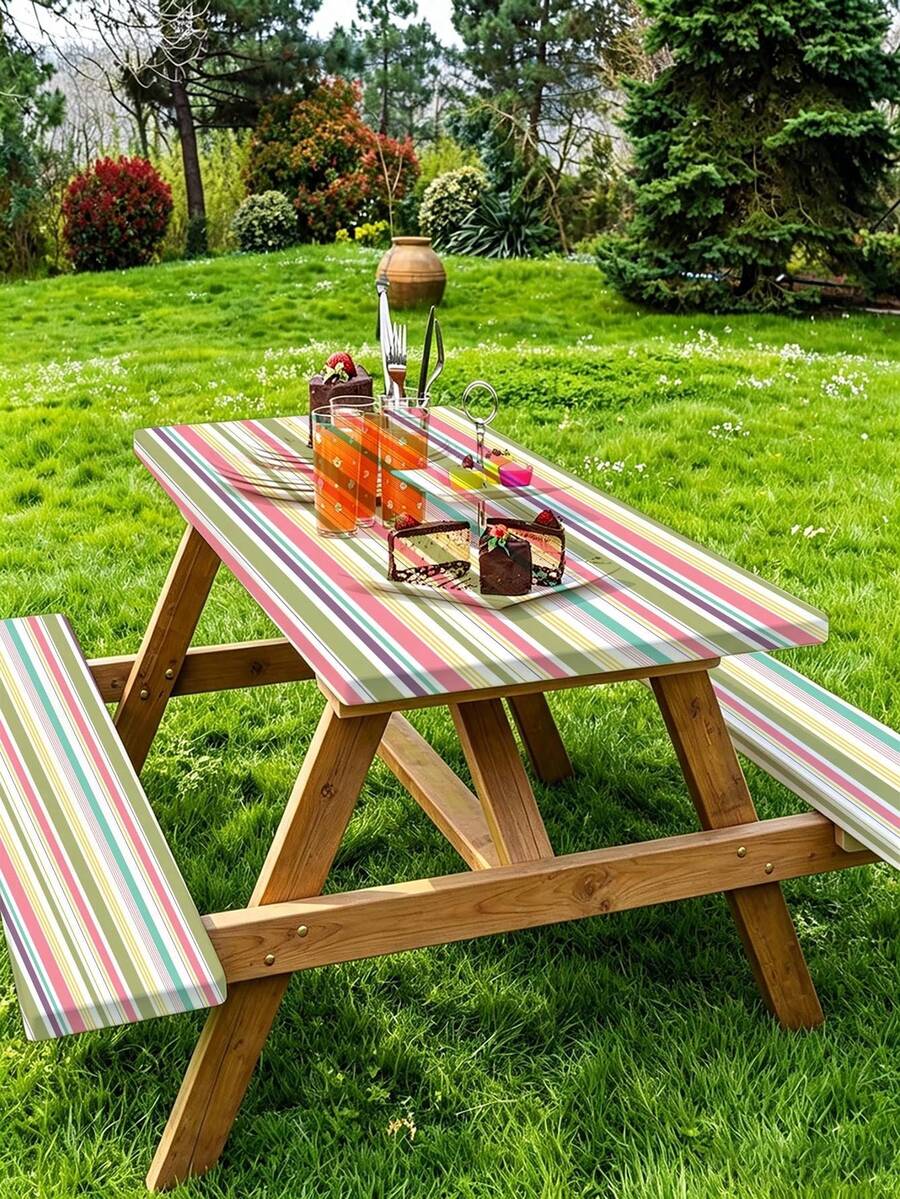 Juego de 3 piezas de mantel para picnic con funda para banco, diseño de borde elástico, patrón a rayas, mantel rectangular lavable, adecuado para bodas, camping, picnics, fiestas en el jardín y talla grande, esencial práctico - D - Ver 1