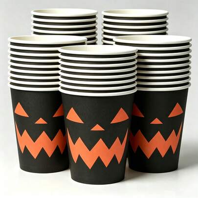 Halloween Paper Cups With Geometric Jack-O'-Lantern Face Print,Disposable Party Drinkware For Hot & Cold Beverages,Perfect For Adult Halloween Night Gatherings,Minimalist Theme Costume Parties,Office Events,Haunted House Decor & Holiday Snack Serving