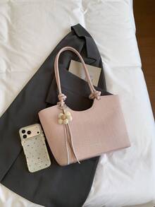 Damen Schultertasche, große Kapazität, minimalistisch rosa, süß sanft elegant mit Blumencharm, geeignet für Einkaufen und Pendeln - Pink - Übersicht 8