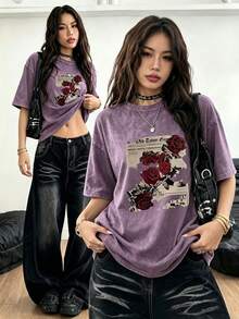Women's Summer Short Sleeve T-Shirt, Distressed Washed Casual Graphic Tee, Round Neck, Spring/Summer/Autumn Outfit - Mauve Purple - View 9