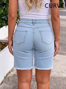 Women's Plus Size Washed Light Blue Denim Bermuda Shorts, Slim Straight Leg Fit, - Light Wash - View 4