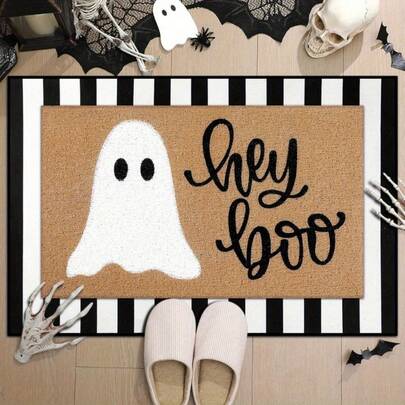 31x20in, Hey Boo Halloween Area Rugs - Non-Slip Rubber Backing, Machine Washable Outdoor Welcome Carpet With Playful Design For Front Door, Porch & Entryway Decor, Halloween Decorations, Festive Home Accessory, Durable Fabric Carpet