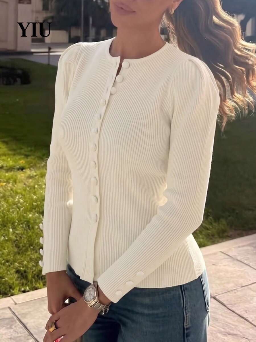 YIU Women's Ribbed Knit Long Sleeve Top, Button Front, Puff Sleeve Design, High Elasticity Crew Neck Blouse, Creating A Vintage Look