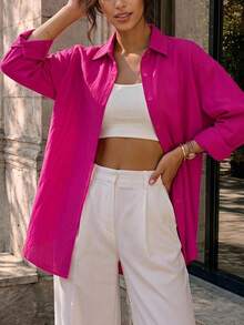 Women's Oversized Long Basic Shirt - Hot Pink - View 4