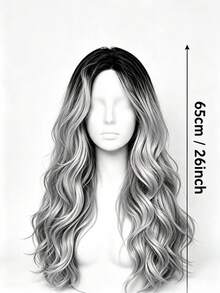 Black Root To Silver Gray Gradient Middle Part Large Wave Synthetic Wig, 26 Inch Long Water Wave Curly Hair For Women, Breathable Inner Net Adjustable Cap, Voluminous Natural Long Curly Hair Wig, Suitable For Daily Wear, Halloween Cosplay, Party, Holiday Dress-Up, Photo Shoot Styling - Ombre - View 6