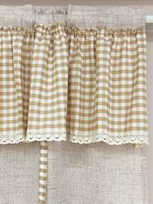 1pc Vinatge Plaid Valance Tie Up Curtain, Farmhouse Linen Balloon Window Shade, Light Filtering Adjustable Bow Roman Curtain For Bedroom Kitchen Cafe Window Decor - Beige - View 9